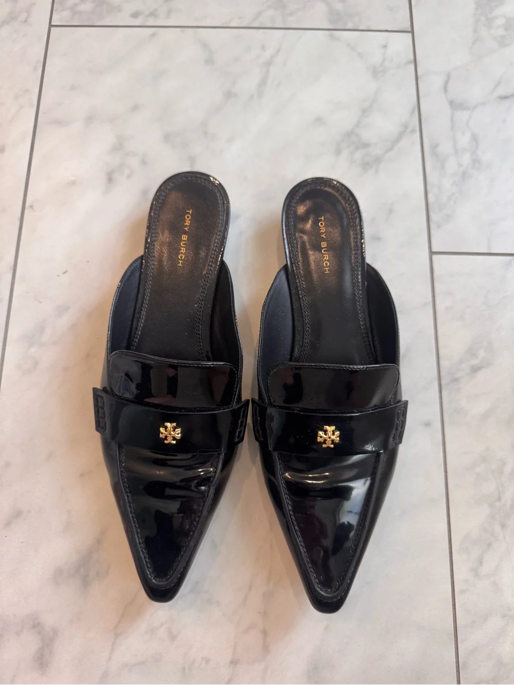 Tory Burch Black Patent Pointed Slip-On Mules with Gold Logo